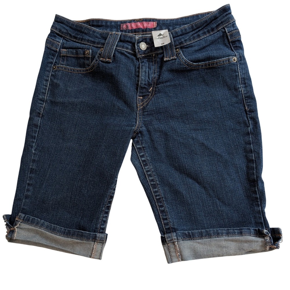 Levis Juniors Size 9 Dark Wash Denim Bermuda Shorts Cuffed Stretch Blue 5 Pocket